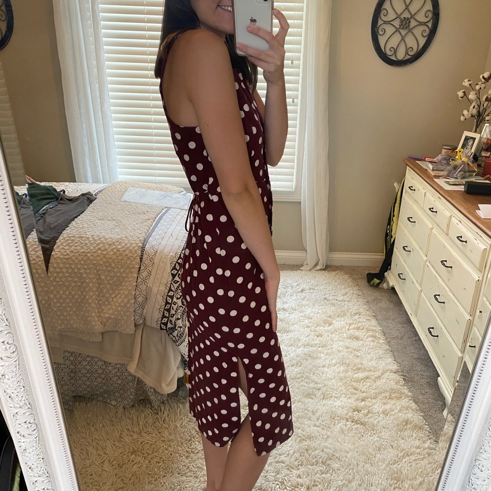 Red & White Polka Dot Dress with Slit & buttons - Picture 6 of 8
